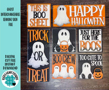 Load image into Gallery viewer, Ghost Interchangeable Leaning Sign File SVG, Glowforge Tiered Tray, Halloween, Boo, Trick or Treat, LuckyHeartDesignsCo