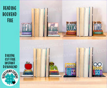Load image into Gallery viewer, Reading Bookend File SVG, Glowforge, Reading, Books, Library, School, Home, Cookbook Apple, Bookworm Teacher, LuckyHeartDesignsCo