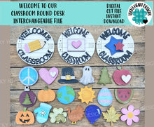 Load image into Gallery viewer, Welcome to our Classroom Round Desk Interchangeable FILE SVG, School, Seasonal, Holiday Shapes, glowforge, LuckyHeartDesignsCO