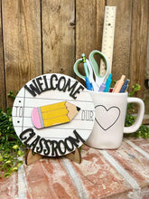 Load image into Gallery viewer, Welcome to our Classroom Round Desk Interchangeable FILE SVG, School, Seasonal, Holiday Shapes, glowforge, LuckyHeartDesignsCO