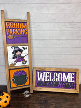 Load image into Gallery viewer, Cute Witch Interchangeable Leaning Sign File SVG, Glowforge Tiered Tray, Halloween, Boo, Trick or Treat, LuckyHeartDesignsCo