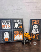 Load image into Gallery viewer, Ghost Interchangeable Leaning Sign File SVG, Glowforge Tiered Tray, Halloween, Boo, Trick or Treat, LuckyHeartDesignsCo