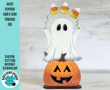 Load image into Gallery viewer, Ghost Pumpkin Candy Corn Standing File SVG, Witch, Jack-o-lantern, Halloween, Trick Or Treat Tiered Tray Glowforge, LuckyHeartDesignsCo