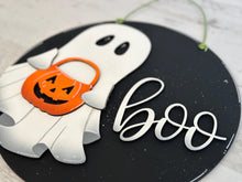 Load image into Gallery viewer, Ghost Halloween Boo Door Hanger Sign File, Glowforge Jack o Lantern, Trick or Treat, LuckyHeartDesignsCo
