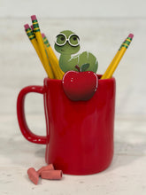 Load image into Gallery viewer, Pencil Apple Teacher School Mug Hugger File SVG, Glowforge Tiered Tray, Tray Decor, Bookworm, Gift, Topper, LuckyHeartDesignsCo