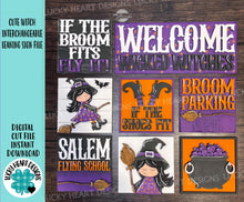 Load image into Gallery viewer, Cute Witch Interchangeable Leaning Sign File SVG, Glowforge Tiered Tray, Halloween, Boo, Trick or Treat, LuckyHeartDesignsCo