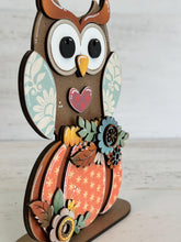 Load image into Gallery viewer, Standing Owl Chunky Floral Pumpkin File SVG, Fall Glowforge, Shelf Sitter, Gourd, Flower, LuckyHeartDesignsCo
