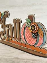 Load image into Gallery viewer, Fall Floral Pumpkin Standing Word File SVG, Fall Glowforge, Leaves, Leaf, Shelf Sitter, Gourd, Flower, LuckyHeartDesignsCo