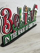 Load image into Gallery viewer, Believe Shelf Sitter Christmas Standing Sign File SVG, Santa, Elf, Mantle decor, Centerpiece, glowforge, LuckyHeartDesignsCo