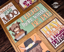 Load image into Gallery viewer, Highland Cow Thanksgiving Interchangeable Leaning Sign File SVG, Glowforge, Farm, Pie, Leaves, Leaf, Autumn, LuckyHeartDesignsCo