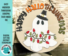 Load image into Gallery viewer, Ghost Halloween Thanksgiving Christmas Door Hanger File SVG, Glowforge, Holiday, Decor Sign, Pilgrim, Lights, LuckyHeartDesignsCO