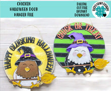 Load image into Gallery viewer, Chicken Halloween Door Hanger File SVG, Farm Glowforge, Witch, Trick or Treat, LuckyHeartDesignsCo