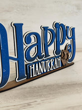 Load image into Gallery viewer, Happy Hanukkah Shelf Sitter Standing Sign File SVG, Christmas, Mantle decor, Centerpiece, glowforge, LuckyHeartDesignsCo