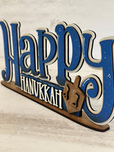 Load image into Gallery viewer, Happy Hanukkah Shelf Sitter Standing Sign File SVG, Christmas, Mantle decor, Centerpiece, glowforge, LuckyHeartDesignsCo
