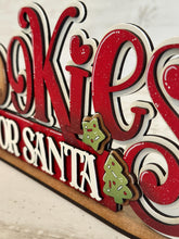 Load image into Gallery viewer, Cookies For Santa Shelf Sitter Christmas Standing Sign File SVG, Elf, Bakery, Mantle decor, Centerpiece, glowforge, LuckyHeartDesignsCo