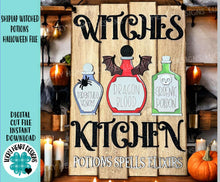 Load image into Gallery viewer, Shiplap Witches Kiitchen Halloween Sign File SVG, Glowforge, Potion, Trick or Treat, Spells, LuckyHeartDesignsCo