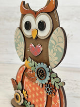 Load image into Gallery viewer, Standing Owl Chunky Floral Pumpkin File SVG, Fall Glowforge, Shelf Sitter, Gourd, Flower, LuckyHeartDesignsCo