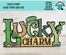 Load image into Gallery viewer, Lucky Charm Shelf Sitter Standing Sign File SVG, St. Patrick's Day Leprechaun Clover, Shamrock Mantle decor, glowforge, LuckyHeartDesignsCo