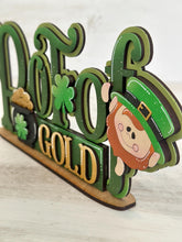 Load image into Gallery viewer, Pot Of Gold Shelf Sitter Standing Sign File SVG, St. Patrick's Day Leprechaun Clover, Shamrock Mantle decor, glowforge, LuckyHeartDesignsCo