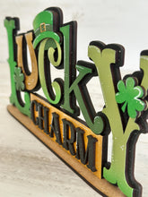 Load image into Gallery viewer, Lucky Charm Shelf Sitter Standing Sign File SVG, St. Patrick's Day Leprechaun Clover, Shamrock Mantle decor, glowforge, LuckyHeartDesignsCo