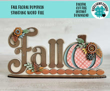 Load image into Gallery viewer, Fall Floral Pumpkin Standing Word File SVG, Fall Glowforge, Leaves, Leaf, Shelf Sitter, Gourd, Flower, LuckyHeartDesignsCo