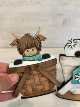 Load image into Gallery viewer, Winter Highland Cow For The Flower Basket Interchangeable File SVG, TINY, Snowman, Holiday, Tiered Tray, Glowforge, LuckyHeartDesignsCo