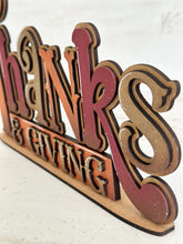 Load image into Gallery viewer, Thanks and Giving Shelf Sitter Standing Fall Sign File SVG, Fall Glowforge, Leaves, Leaf, Shelf Sitter, Thanksgiving, LuckyHeartDesignsCo