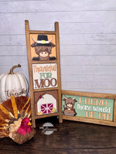 Load image into Gallery viewer, Highland Cow Thanksgiving Interchangeable Leaning Sign File SVG, Glowforge, Farm, Pie, Leaves, Leaf, Autumn, LuckyHeartDesignsCo