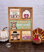 Load image into Gallery viewer, Highland Cow Thanksgiving Interchangeable Leaning Sign File SVG, Glowforge, Farm, Pie, Leaves, Leaf, Autumn, LuckyHeartDesignsCo