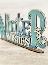 Load image into Gallery viewer, Winter Wishes Shelf Sitter Standing Sign File SVG, Snowflake, Snowman, Mantle decor, Centerpiece, glowforge, LuckyHeartDesignsCo