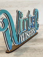 Load image into Gallery viewer, Winter Wishes Shelf Sitter Standing Sign File SVG, Snowflake, Snowman, Mantle decor, Centerpiece, glowforge, LuckyHeartDesignsCo