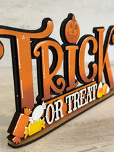 Load image into Gallery viewer, Trick Or Treat Shelf Sitter Standing Sign File SVG, Fall Glowforge, Candy Corn, Halloween, Candy, Mantle Decor, LuckyHeartDesignsCo