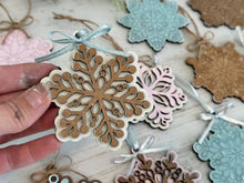 Load image into Gallery viewer, Snowflake Christmas Ornament File SVG, Holiday Glowforge, Winter, Snow, LuckyHeartDesignsCo