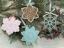 Load image into Gallery viewer, Snowflake Christmas Ornament File SVG, Holiday Glowforge, Winter, Snow, LuckyHeartDesignsCo