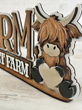 Load image into Gallery viewer, Farm Sweet Farm Shelf Sitter Standing Sign File SVG, Glowforge, Shelf Sitter, Highland Cow LuckyHeartDesignsCo