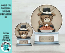 Load image into Gallery viewer, Highland Cow Thanksgiving Snow Globe Interchangeable File SVG, TINY Glowforge, Farm, Pumpkin Pie, Pilgrim, LuckyHeartDesignsCo