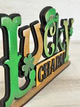 Load image into Gallery viewer, Lucky Charm Shelf Sitter Standing Sign File SVG, St. Patrick's Day Leprechaun Clover, Shamrock Mantle decor, glowforge, LuckyHeartDesignsCo