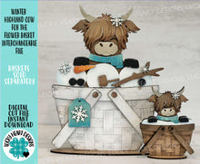 Load image into Gallery viewer, Winter Highland Cow For The Flower Basket Interchangeable File SVG, TINY, Snowman, Holiday, Tiered Tray, Glowforge, LuckyHeartDesignsCo