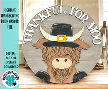 Load image into Gallery viewer, Highland Thanksgiving Door Hanger File SVG, Cow, Pilgrim, Fall, Leaves, Pumpkin, Glowforge, LuckyHeartDesignsCo