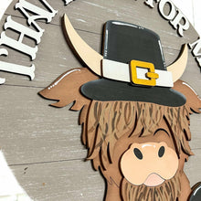 Load image into Gallery viewer, Highland Thanksgiving Door Hanger File SVG, Cow, Pilgrim, Fall, Leaves, Pumpkin, Glowforge, LuckyHeartDesignsCo
