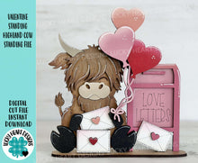 Load image into Gallery viewer, Valentine Standing Highland Cow File SVG, TINY Balloon, Love, Heart, Farm, Tiered Tray Glowforge LuckyHeartDesignsCo