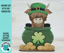 Load image into Gallery viewer, Highland Cow Pot Of Gold File SVG TINY, Lucky, Farm, Clover, Leprechaun, St, Patrick's Day, Glowforge LuckyHeartDesignsCo