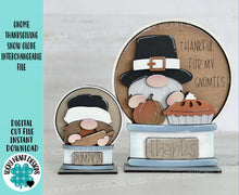 Load image into Gallery viewer, Gnome Thanksgiving Snow Globe Interchangeable File SVG, TINY Glowforge, Turkey, Pumpkin Pie, Pilgrim, LuckyHeartDesignsCo