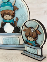 Load image into Gallery viewer, Winter Highland Cow Snow Globe Interchangeable File SVG, TINY, Glowforge, Tiered Tray, Snowman, Farm, LuckyHeartDesignsCo