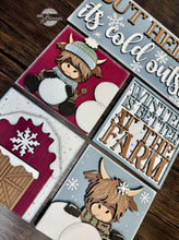 Load image into Gallery viewer, Winter Highland Cow Interchangeable Leaning Sign File SVG, Barn, Snowman, Farm, Glowforge, LuckyHeartDesignsCO