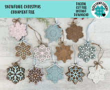 Load image into Gallery viewer, Snowflake Christmas Ornament File SVG, Holiday Glowforge, Winter, Snow, LuckyHeartDesignsCo