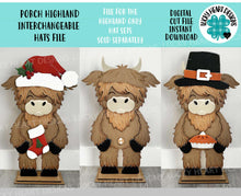 Load image into Gallery viewer, Porch Highland Interchangeable Hats File SVG, Seasonal, Christmas, Cow, Holiday, Farm, Halloween, Fall, Glowforge, LuckyHeartDesignsCo
