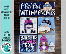 Load image into Gallery viewer, Gnome Winter Interchangeable Leaning Sign File SVG, Snowman, Snowflake, Tiered Tray Glowforge, LuckyHeartDesignsCo
