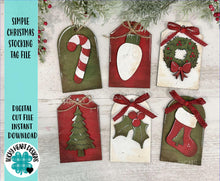 Load image into Gallery viewer, Simple Christmas Stocking Tag File SVG, Santa, Wreath, Candy Cane, Holly, Tree, Ornament, Holiday Glowforge, LuckyHeartDesignsCo