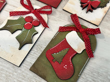 Load image into Gallery viewer, Simple Christmas Stocking Tag File SVG, Santa, Wreath, Candy Cane, Holly, Tree, Ornament, Holiday Glowforge, LuckyHeartDesignsCo